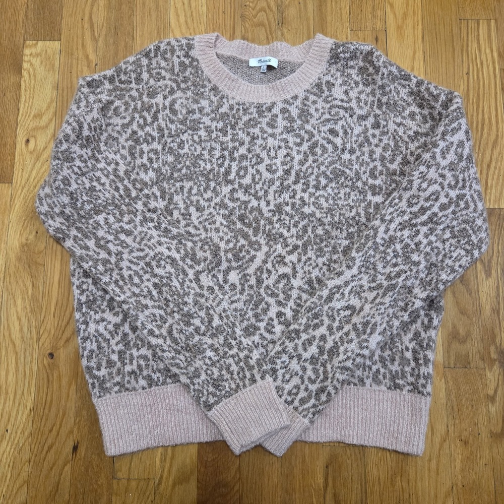 Madewell Womens Pink Leopard Merino Wool Sweater Cozy Maximalist Quirky Large